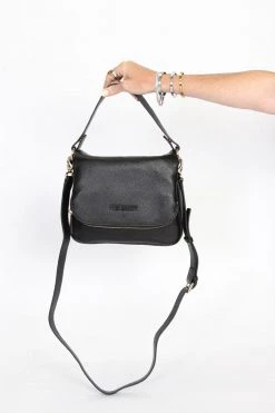 Federation For Keeps Black Leather Fold Over Cross Body Gold Hardware Bag