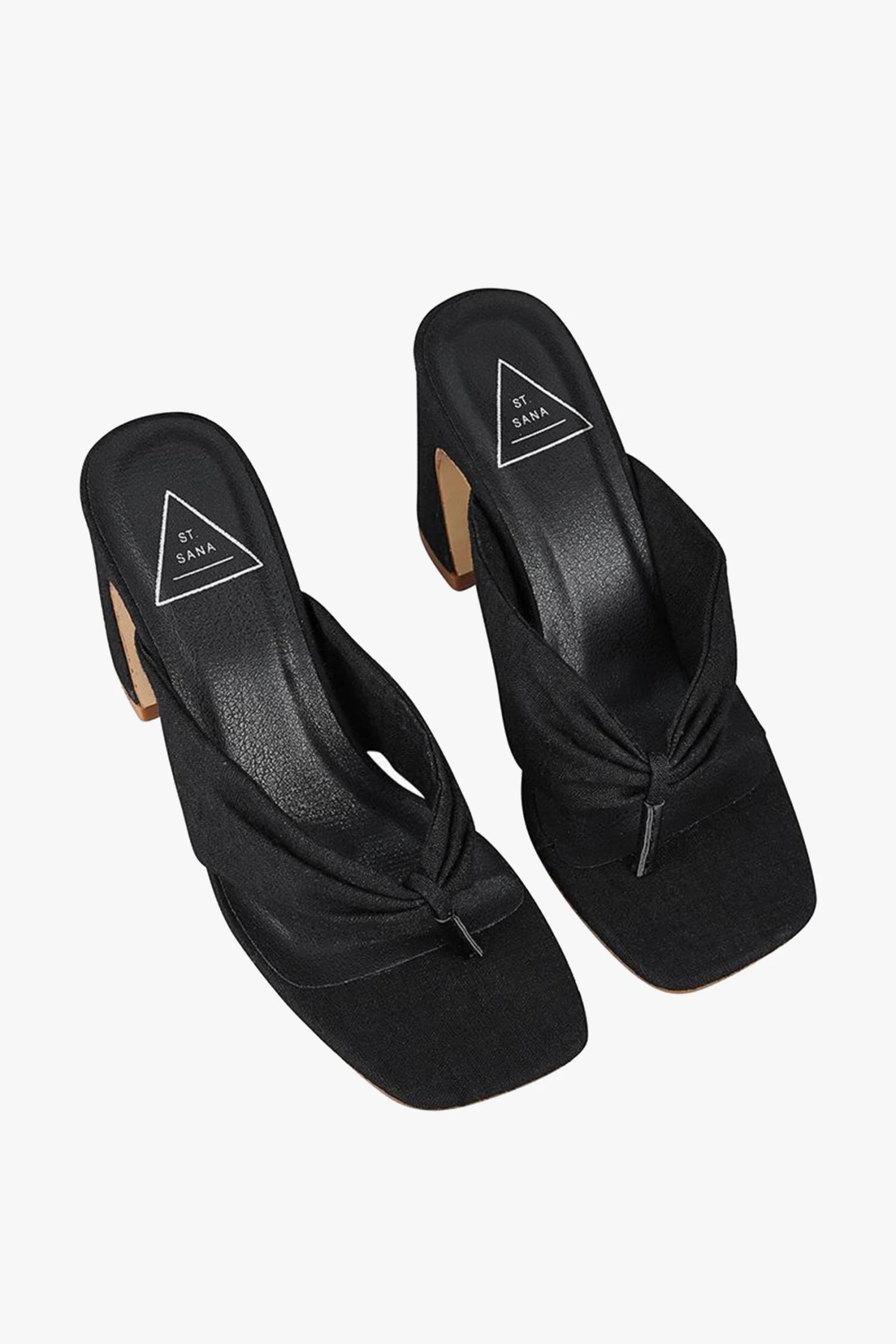 St Sana Freya Black Jandal Style Chucky Linen Mule Heels Event-wear Edit