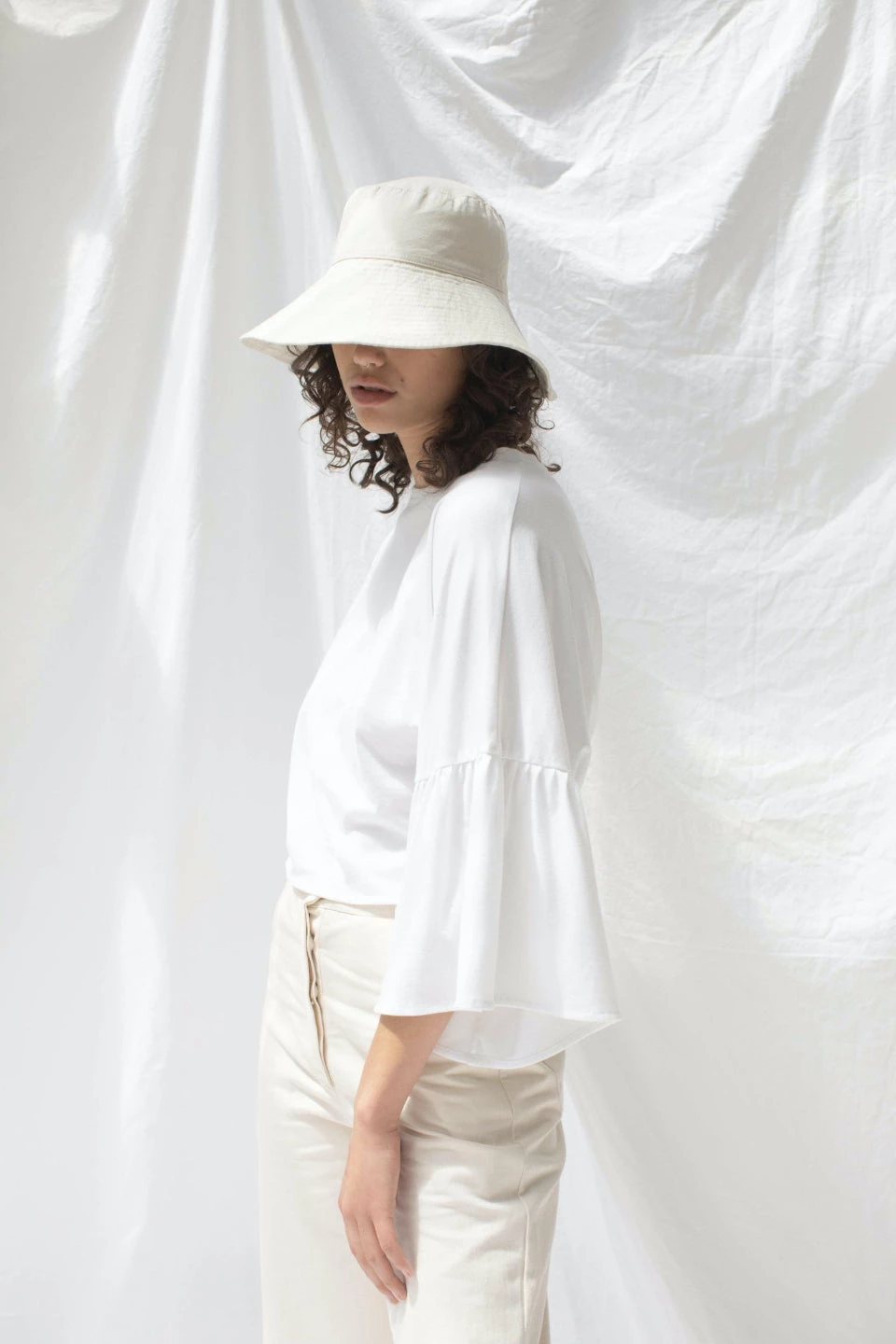 ReCreate New In Friday White Organic Cotton Frill Sleeves Tie Back Top
