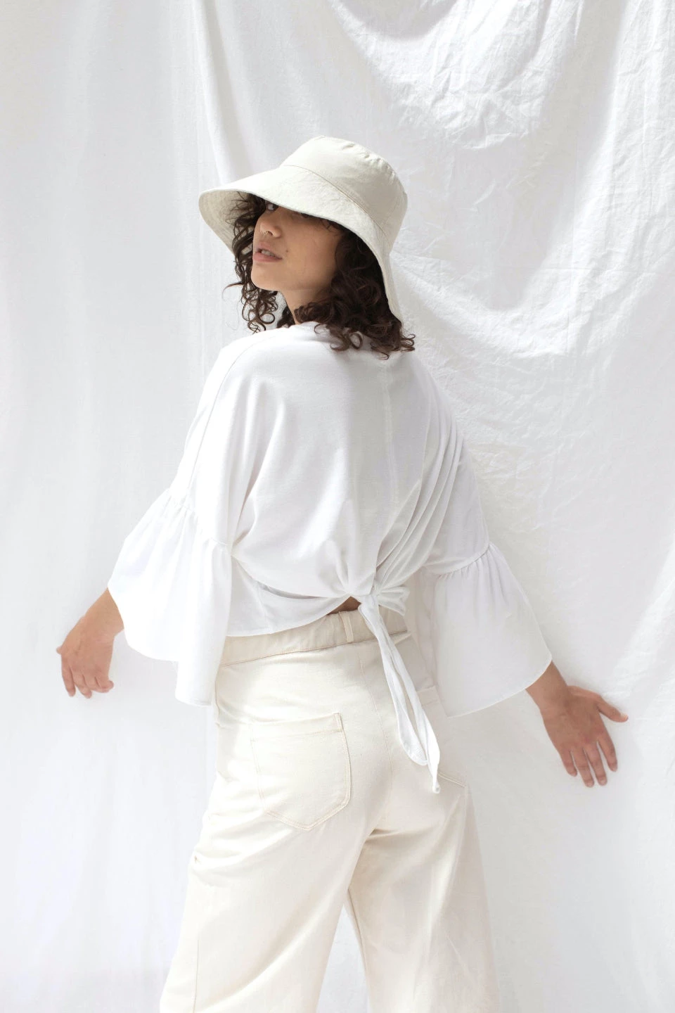 ReCreate New In Friday White Organic Cotton Frill Sleeves Tie Back Top