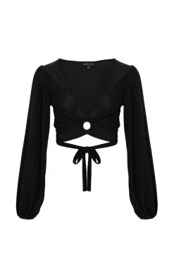 Among The Brave Full Moon Black Shimmer LS Puff Sleeve Plunge Ring Crop Top