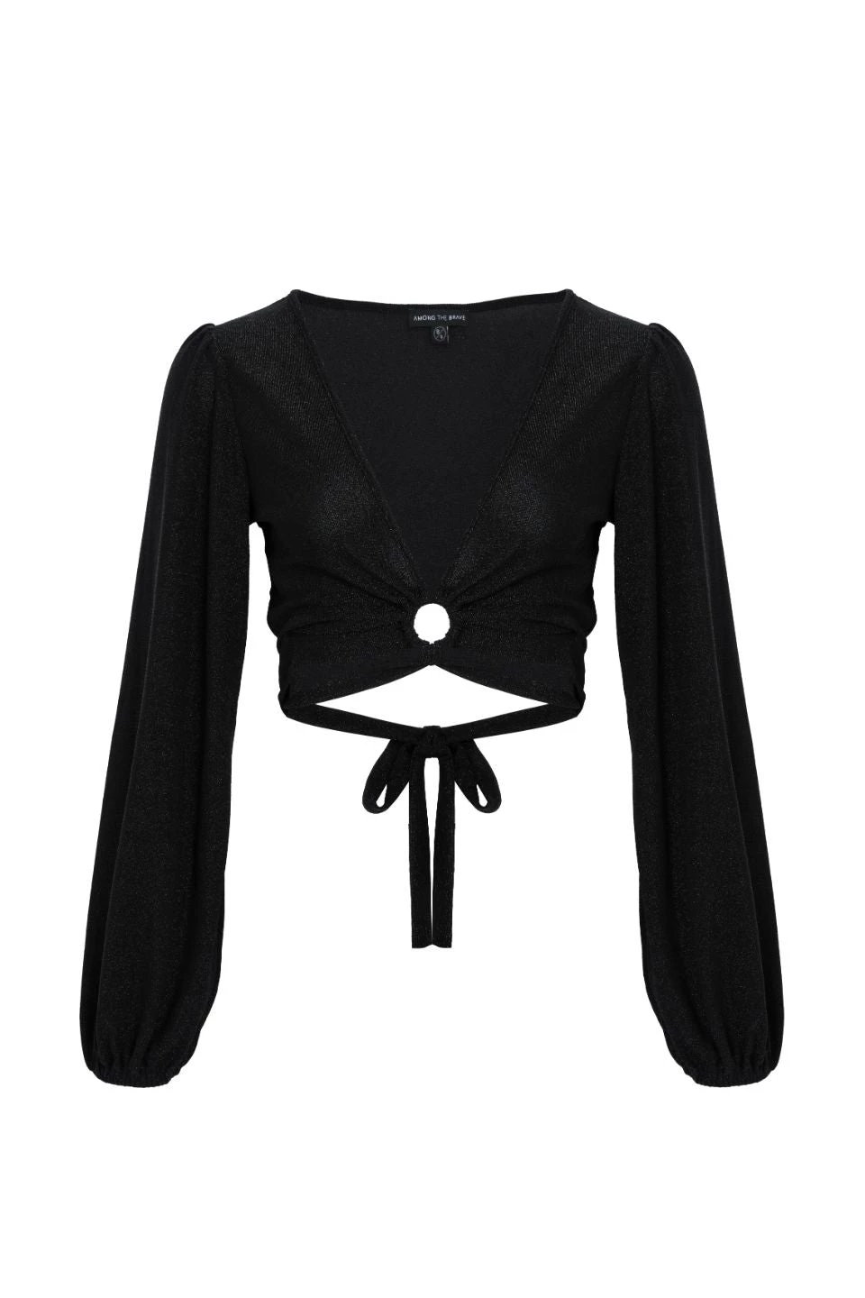 Among The Brave Full Moon Black Shimmer LS Puff Sleeve Plunge Ring Crop Top