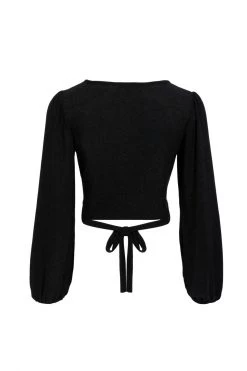 Among The Brave Full Moon Black Shimmer LS Puff Sleeve Plunge Ring Crop Top