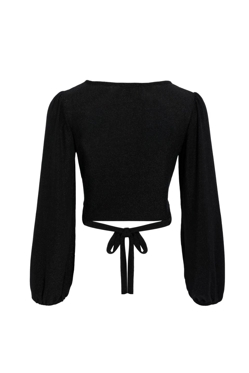 Among The Brave Full Moon Black Shimmer LS Puff Sleeve Plunge Ring Crop Top