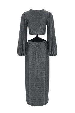 Among The Brave New In Galaxy Silver Shimmer Cut Away LS Balloon Sleeve Ring Midi Dress
