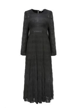 Ivy + Jack Gigi Black Shirred Cotton Blouson LS Tiered Maxi Dress New In