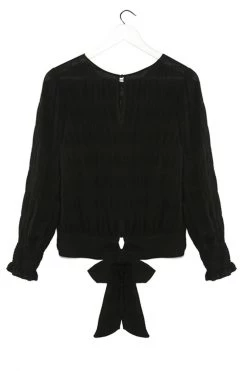 Ivy + Jack Grace Black Shirred Cotton LS Back Hem Tie Top