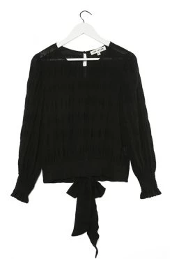 Ivy + Jack Grace Black Shirred Cotton LS Back Hem Tie Top