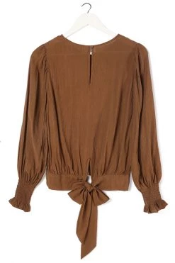 Ivy + Jack Grace Pecan Crinkle Blouson LS Back Hem Tie Top
