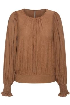 Ivy + Jack Grace Pecan Crinkle Blouson LS Back Hem Tie Top