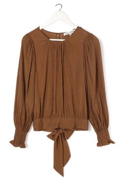 Ivy + Jack Grace Pecan Crinkle Blouson LS Back Hem Tie Top