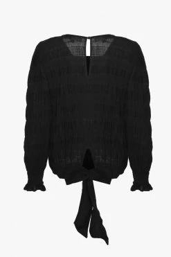 Ivy + Jack Grace Black Shirred Cotton LS Back Hem Tie Top