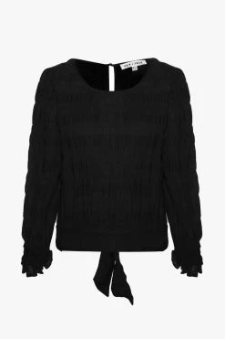 Ivy + Jack Grace Black Shirred Cotton LS Back Hem Tie Top