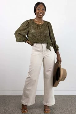 Ivy + Jack Grace Khaki Ditsy LS Back Hem Tie Top Tops & Tees