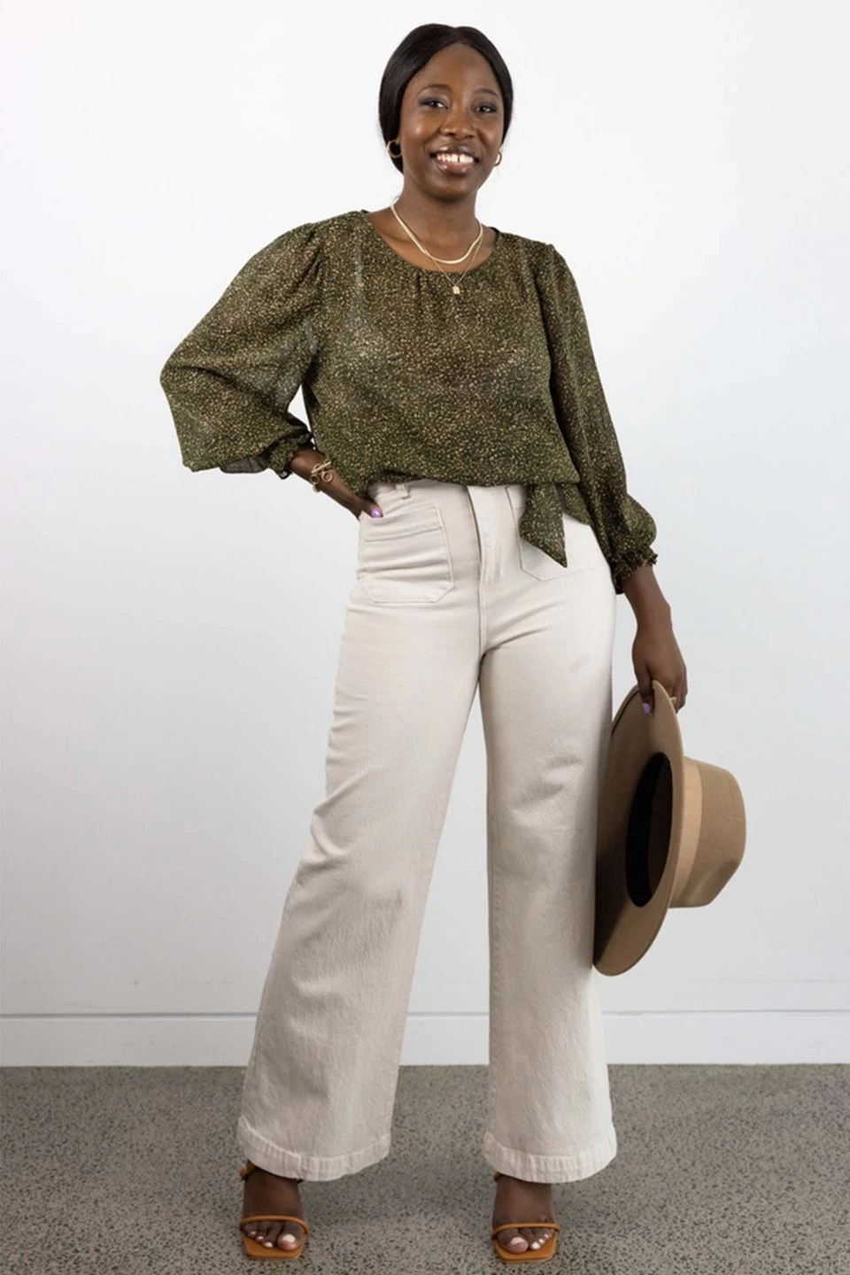 Ivy + Jack Grace Khaki Ditsy LS Back Hem Tie Top Tops & Tees