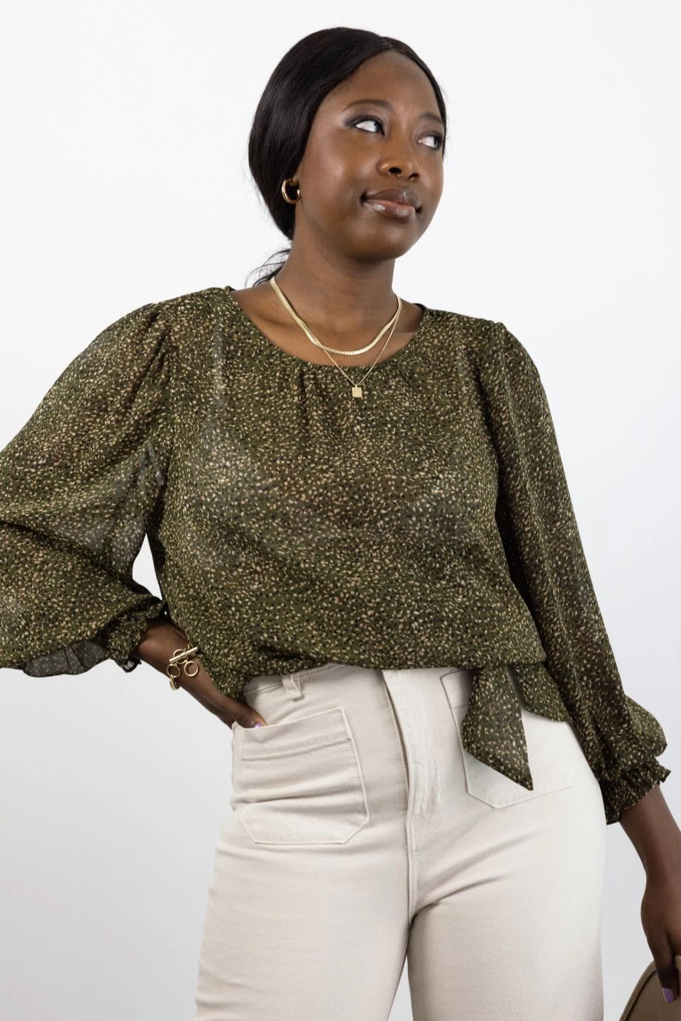 Ivy + Jack Grace Khaki Ditsy LS Back Hem Tie Top Tops & Tees