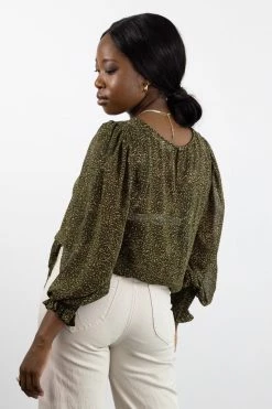 Ivy + Jack Grace Khaki Ditsy LS Back Hem Tie Top Tops & Tees