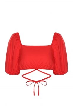 Ivy + Jack Tops & Tees Harlow Blood Orange Poplin Puff SS Square Neck Tie Waist Crop Top