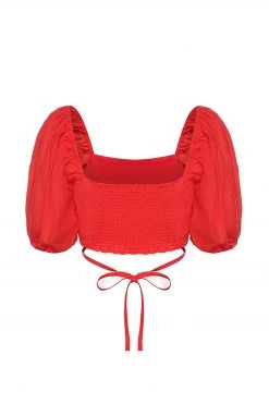 Ivy + Jack Tops & Tees Harlow Blood Orange Poplin Puff SS Square Neck Tie Waist Crop Top