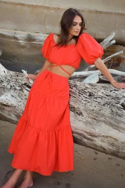 Ivy + Jack Skirts Divine Blood Orange Poplin Tiered Elastic Waist Midi Skirt