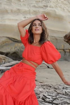 Ivy + Jack Tops & Tees Harlow Blood Orange Poplin Puff SS Square Neck Tie Waist Crop Top