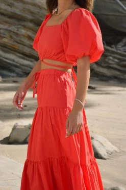 Ivy + Jack Tops & Tees Harlow Blood Orange Poplin Puff SS Square Neck Tie Waist Crop Top