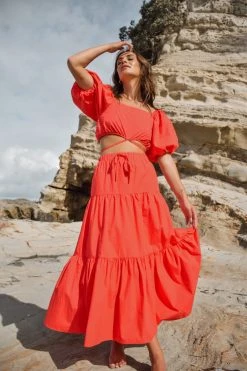Ivy + Jack Skirts Divine Blood Orange Poplin Tiered Elastic Waist Midi Skirt