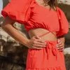 Ivy + Jack Tops & Tees Harlow Blood Orange Poplin Puff SS Square Neck Tie Waist Crop Top