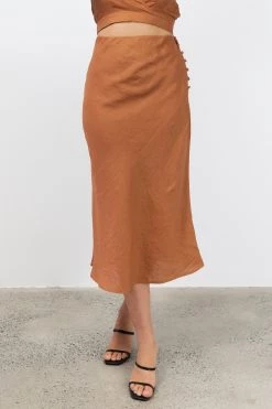 Among The Brave Skirts Utopia Spice Bias Linen Midi Skirt With Self Buttons