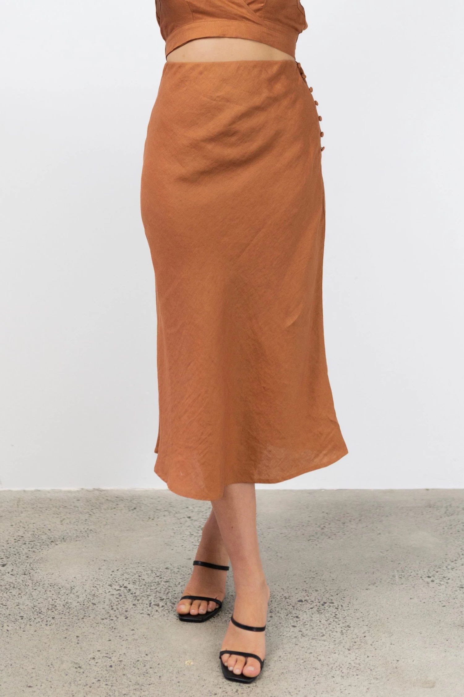 Among The Brave Skirts Utopia Spice Bias Linen Midi Skirt With Self Buttons