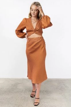 Among The Brave Skirts Utopia Spice Bias Linen Midi Skirt With Self Buttons