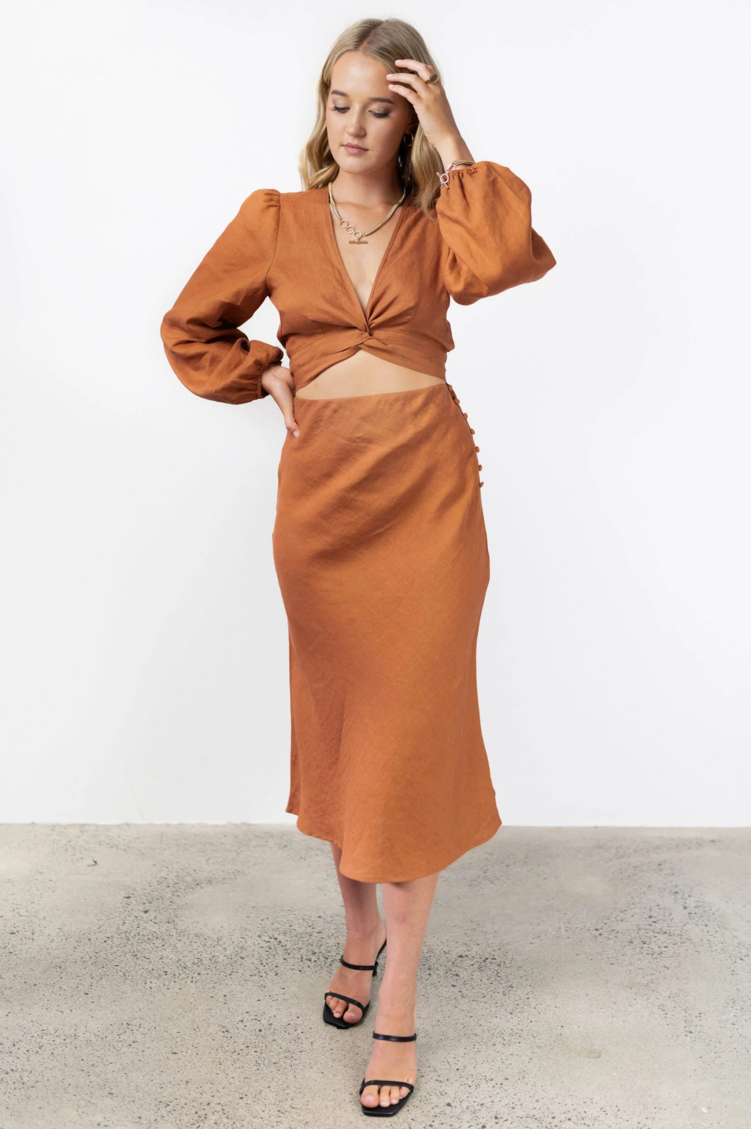 Among The Brave Skirts Utopia Spice Bias Linen Midi Skirt With Self Buttons