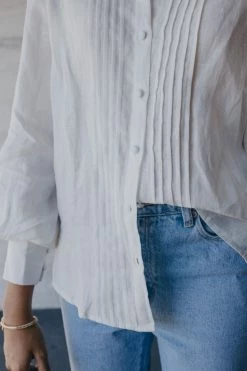 Among The Brave Hero White Linen Pintuck Puff Sleeve Shirt