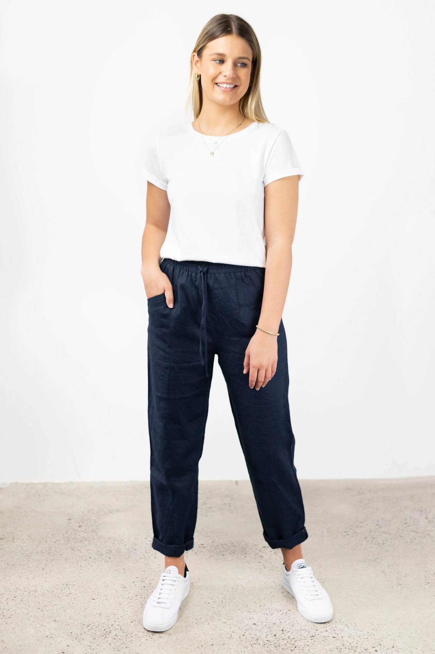 Among The Brave Cruise Navy Elastic Waist Drawstring Tapered Linen Pant Pants