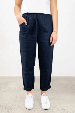 Among The Brave Cruise Navy Elastic Waist Drawstring Tapered Linen Pant Pants