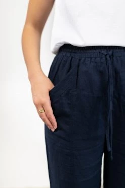 Among The Brave Cruise Navy Elastic Waist Drawstring Tapered Linen Pant Pants