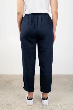 Among The Brave Cruise Navy Elastic Waist Drawstring Tapered Linen Pant Pants