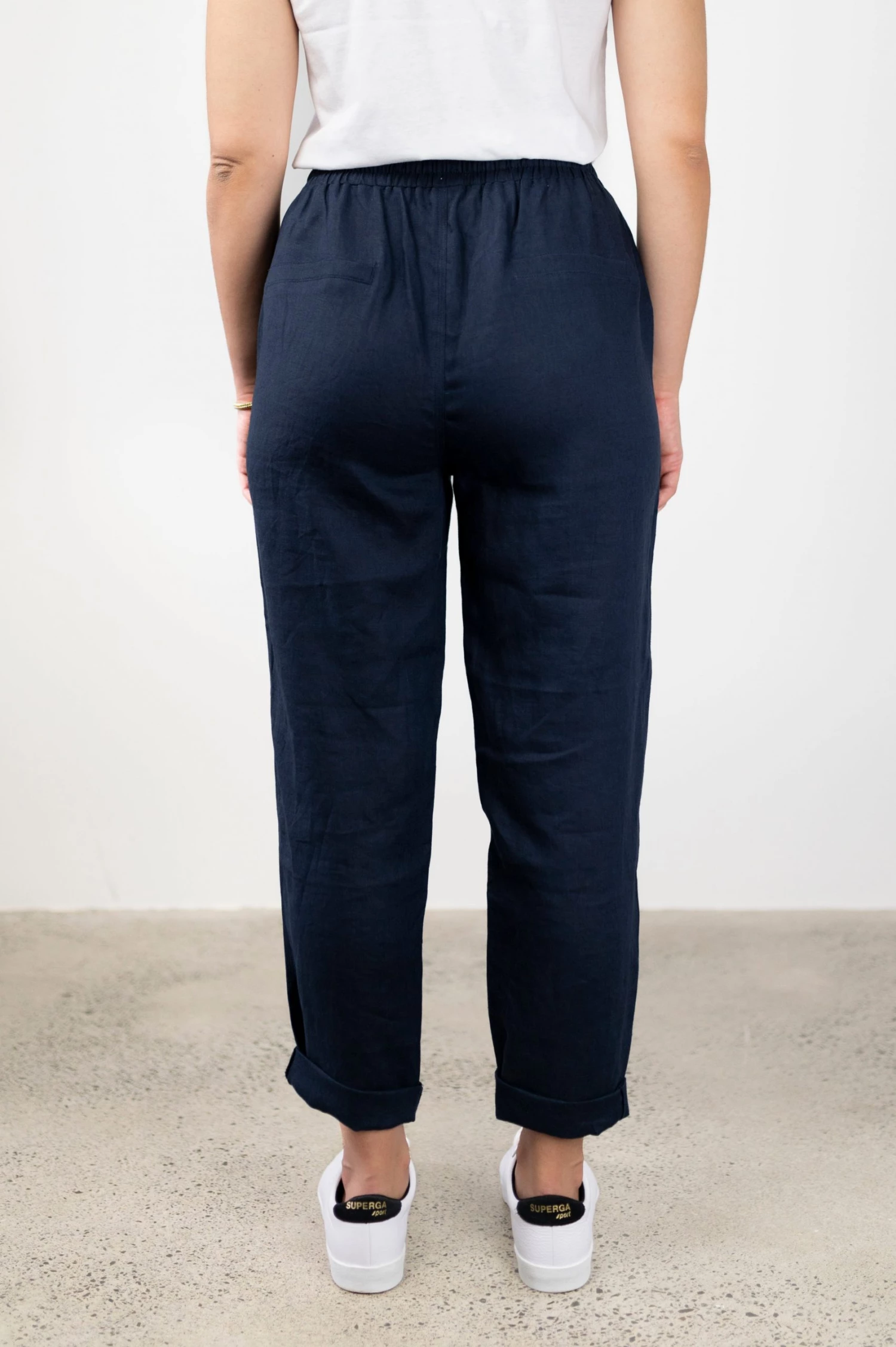 Among The Brave Cruise Navy Elastic Waist Drawstring Tapered Linen Pant Pants