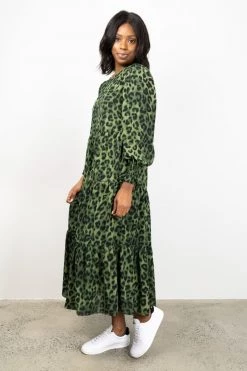 Ivy + Jack Effortless Khaki Leopard Blouson Sleeve Maxi Tiered Dress