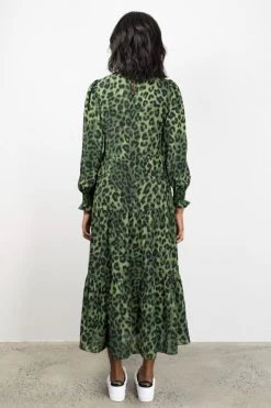 Ivy + Jack Effortless Khaki Leopard Blouson Sleeve Maxi Tiered Dress