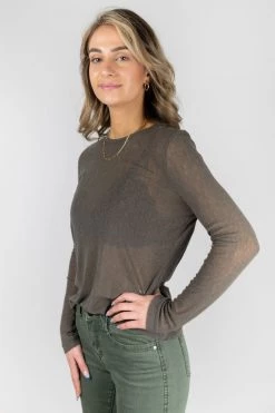 Ivy + Jack Faith Olive Mesh LS Crew Top New In
