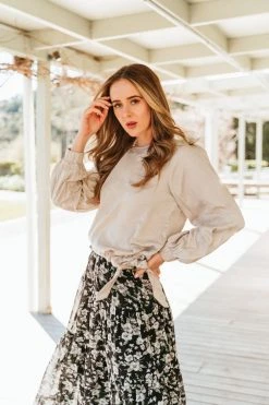 Among The Brave New In Jupiter Sand LS Puff Sleeve Satin Tie Hem Top