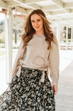 Among The Brave New In Jupiter Sand LS Puff Sleeve Satin Tie Hem Top