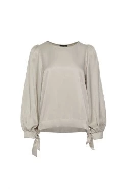 Among The Brave New In Jupiter Sand LS Puff Sleeve Satin Tie Hem Top