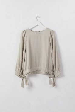 Among The Brave New In Jupiter Sand LS Puff Sleeve Satin Tie Hem Top