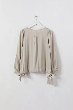 Among The Brave New In Jupiter Sand LS Puff Sleeve Satin Tie Hem Top