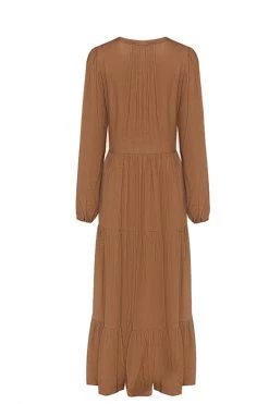 Ivy + Jack Kendall Pecan Crinkle Blouson LS V Neck Tiered Midi Dress New In