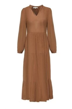 Ivy + Jack Kendall Pecan Crinkle Blouson LS V Neck Tiered Midi Dress New In