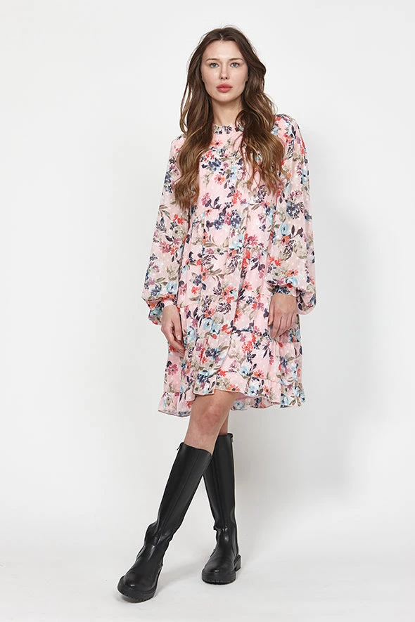 Leo + Be Haphazard LS Pink Floral Print Mini Dress New In