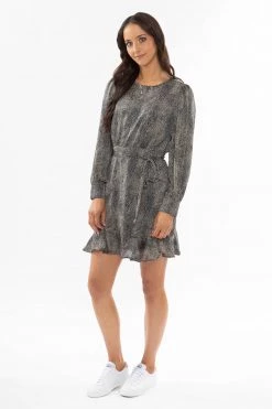 Leila + Luca Brilliance Black Mini Cheetah Satin LS Frill Hem Dress New In